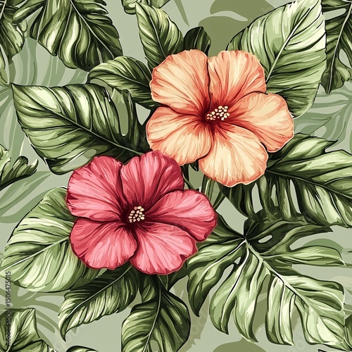 Wallpaper Mural Tropical flowers and green leaf patterns Torontodigital.ca