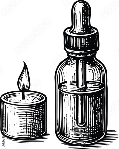 Black and white line art of aromatherapy essentials: a large lit candle, small tealight, essential oil bottles, and a bowl with herbs or stones, evoking relaxation and wellness
