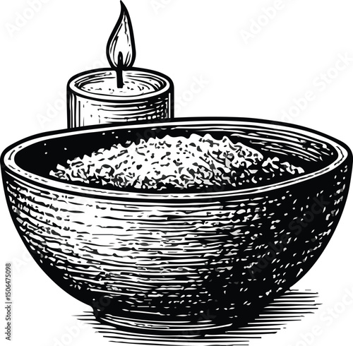 Black and white line art of aromatherapy essentials: a large lit candle, small tealight, essential oil bottles, and a bowl with herbs or stones, evoking relaxation and wellness