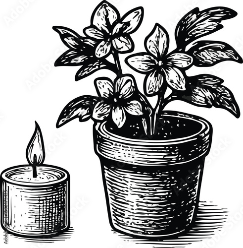 Black and white line art of aromatherapy essentials: a large lit candle, small tealight, essential oil bottles, and a bowl with herbs or stones, evoking relaxation and wellness