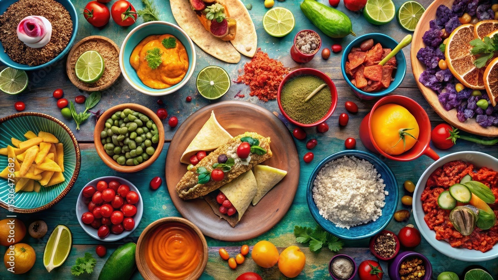 Fototapeta premium Overhead View Mexican Food Fiesta: Tacos, Burritos, Enchiladas, Guacamole, Salsa