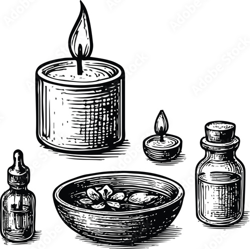 Black and white line art of aromatherapy essentials: a large lit candle, small tealight, essential oil bottles, and a bowl with herbs or stones, evoking relaxation and wellness