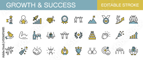 Growth and success line icons set. Business, management, innovation and teamwork. Editable stroke. Colored vector illustration
