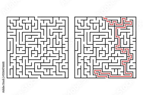 Education logic game labyrinth for adults. Find right way. Isolated simple square maze black line on white background. With the solution