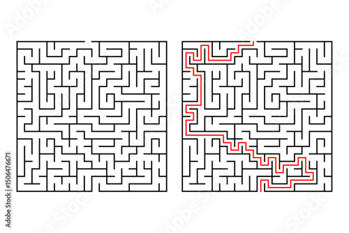 Square maze or labyrinth game way. Simple logic game with labyrinths way. How to find out quiz, finding exit path rebus or logic labyrinth challenge isolated with solution