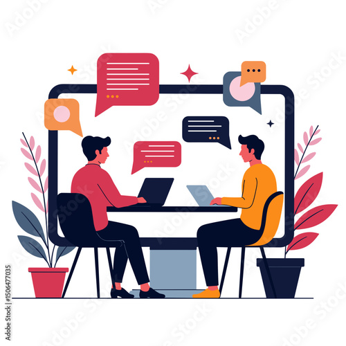 Team collaboration during a chat session on screen, modern connection