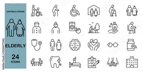 Elderly line icon set. Nursing home, hospital, medical, senior citizens. Editable stroke. Vector illustration