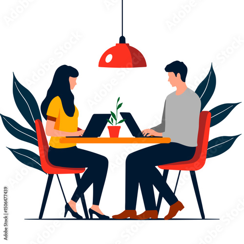 Focused collaboration in modern coworking space with laptops, productivity