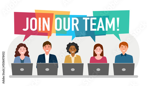 Join our team landing page. Group of employee working with computer in flat design vector illustration.