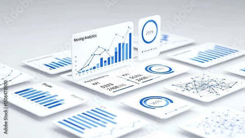Clean and high-tech business dashboard animation, showcasing moving analytics, charts, KPIs, and network graphs, white and blue color scheme