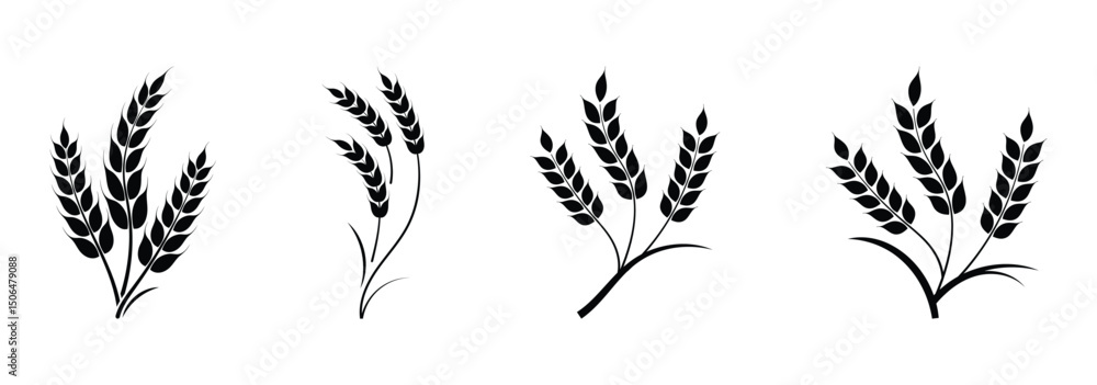 Obraz premium Farm wheat ears icon set. Durum wheat pasta label. Bakery logo. Organic wheat grain icon. Stylized black icons of wheat for print, product packaging, and agricultural business branding.