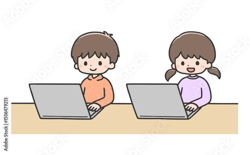 ノートパソコンを操作する男の子と女の子