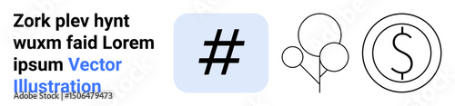 metadata tag in a square, three minimalist balloons, circular currency icon. Ideal for marketing, social media, branding, finance, commerce, celebration themes a simple landing page