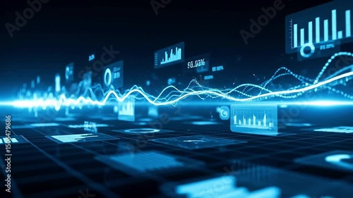 Dynamic animation of glowing data lines, charts, and graphs flowing through a digital network environment, blue and cyan color palette