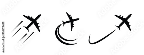 Flying plane with trail symbol. Aeroplane icon with trace path. Transparent PNG and vector illustration.