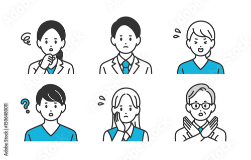 ネガティブな医者･看護師･医療事務の男女上半身セット【人物ベクターイラスト素材】