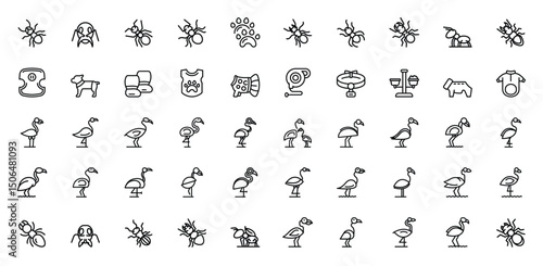 A collection of 50 line icons featuring ants flamingos and pet supplies