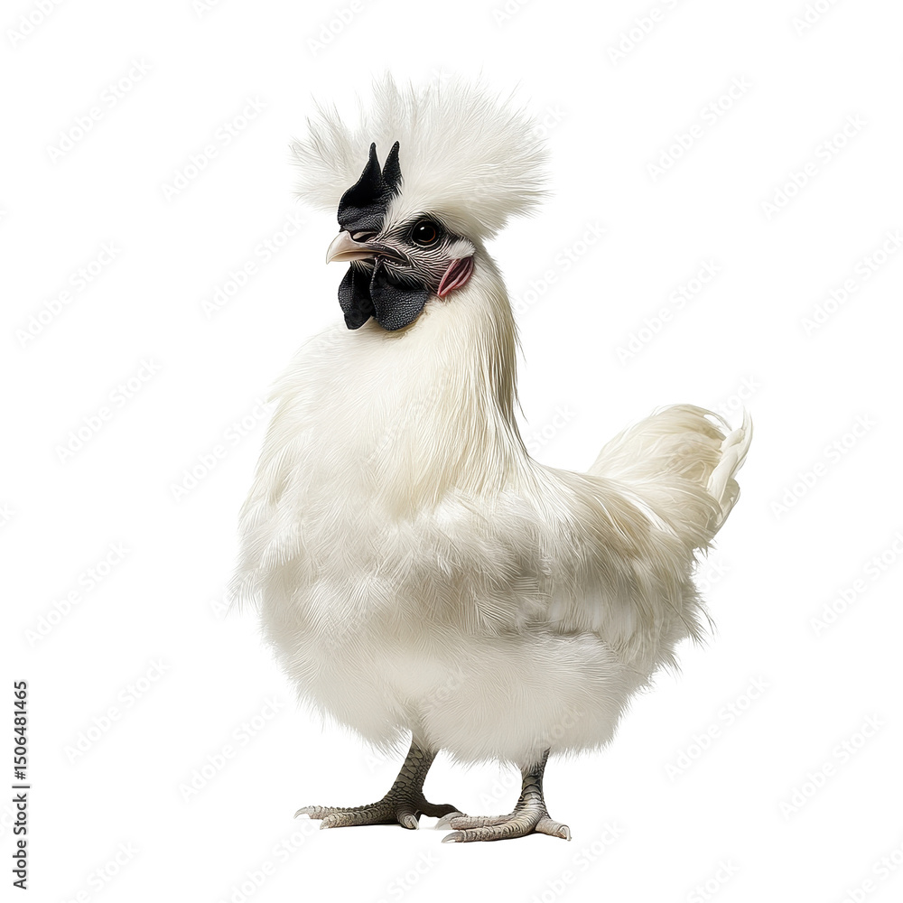 Fototapeta premium Silkie rooster displaying its fluffy feathers against a Transparent background, silkie rooster,isolated PNG background