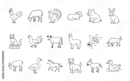 Farm animal line drawings rooster sheep turkey lamb pig rabbit cat hen cow llama bee bull goat goose horse dog donkey duck