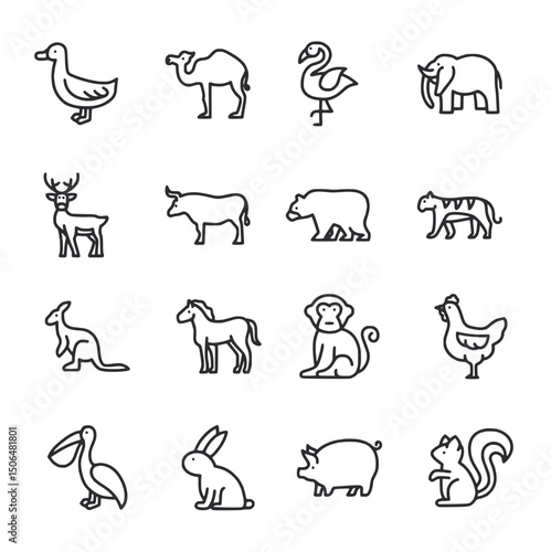 Set of line drawing icons of animals in four rows and four columns