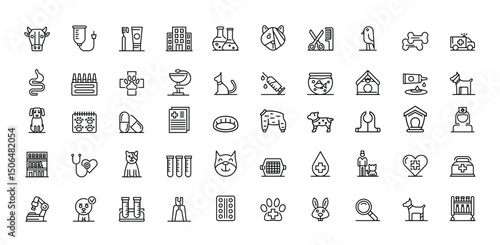 Veterinary icons depict animals tools and medical supplies in simple line drawings