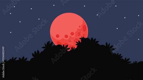 Red Full Moon behind the silhouette of leaves with starry sky, nature concept background