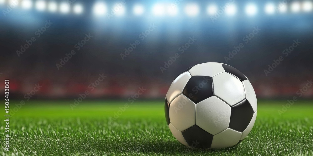 Fototapeta premium Soccer Ball on Stadium Grass 3D Render, Night Game Concept, Sports Photography Soccer, Football