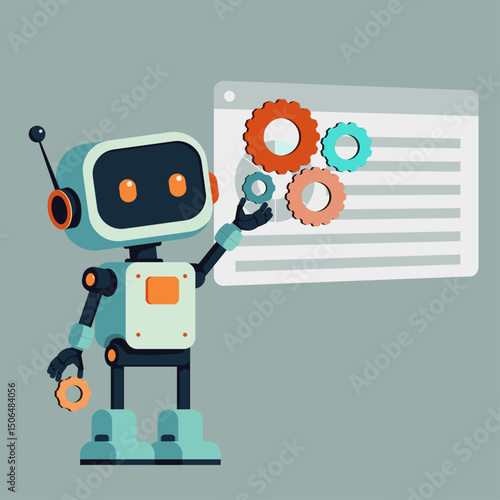 Vintage teal flat robot with orange eyes. Robot with colorful gears. Ideal for retro-futuristic and tech-themed designs, minimalist robot design in flat colors. Abstract mechanical toy illustration.