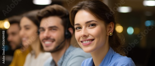 A group of young professionals engaged in conversation, featuring a smiling woman at the forefront with a headset.