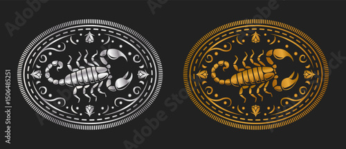 Scorpion Label belt buckle wild west cowboy style tag design gold and silver stylized silhouette