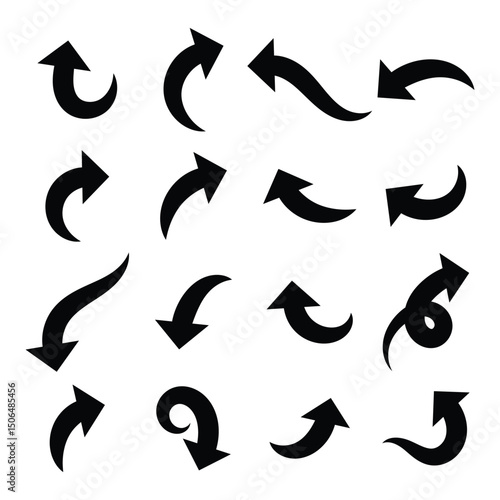 Black Curved Arrow Vector Set. Swirling Arrows Collection. Bold Curved Arrows Icons. Vector Arrows in Curved Style. Vector Illustration on White Background.