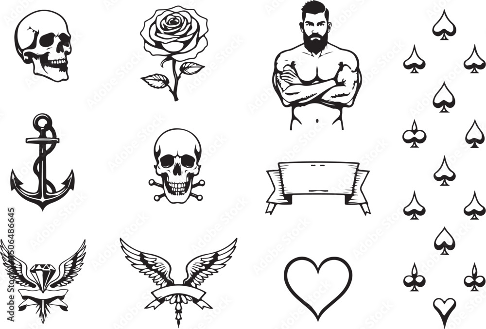 Naklejka premium Grid of Tattoo-Style Designs Featuring Skulls, Roses, and Symbols