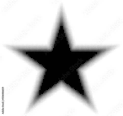 Abstract decorative black halftone star textures on isolated background. Geometric circular shape elements pattern in a star shape. Fit for poster, collage, or advertising, abstract design element.