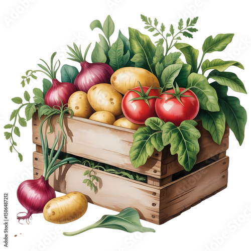 Fresh Harvest of Vegetables in Wooden Crate isolated transparent Background