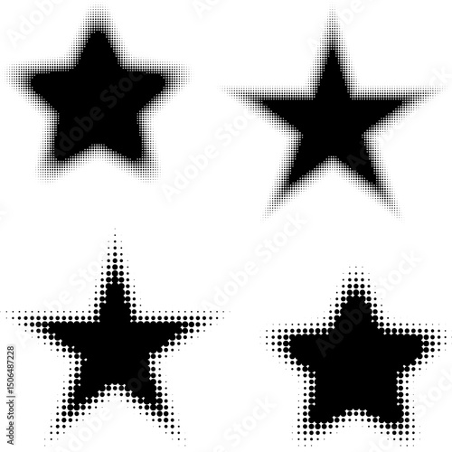 Abstract decorative black halftone stars textures on isolated background. Geometric circular shape elements pattern in a star shape. Fit for poster, collage, or advertising, abstract design element.