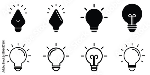 Collection of light bulb icons in different styles representing energy, ideas, and illumination.