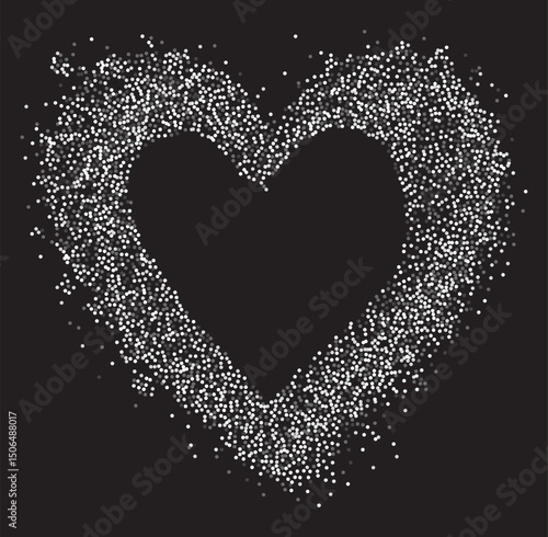 Decorative frame of circular gray particles, heart shaped powder. Perfect for love-themed and romantic designs, the artistic arrangement conveys charm and elegance with heart-shaped elements.