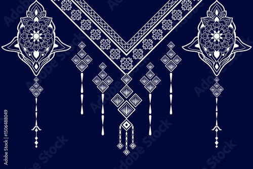 Geometric ethnic neckline flower pattern background. traditional style. decoration, textile, fabric, clothing.