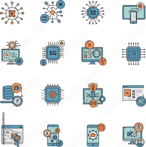 Create a kinds of Artificial intelligence set of web icons. AI technology icons for web and mobile app. Machine learning, digital AI technology, algorithm, smart robotic, cloud computing. vector art .