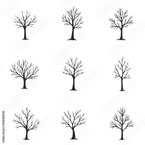 silhouette tree line drawing set, Side view, set of graphics trees elements outline symbol for architecture and landscape design drawing. Vector illustration in stroke fill in white. 