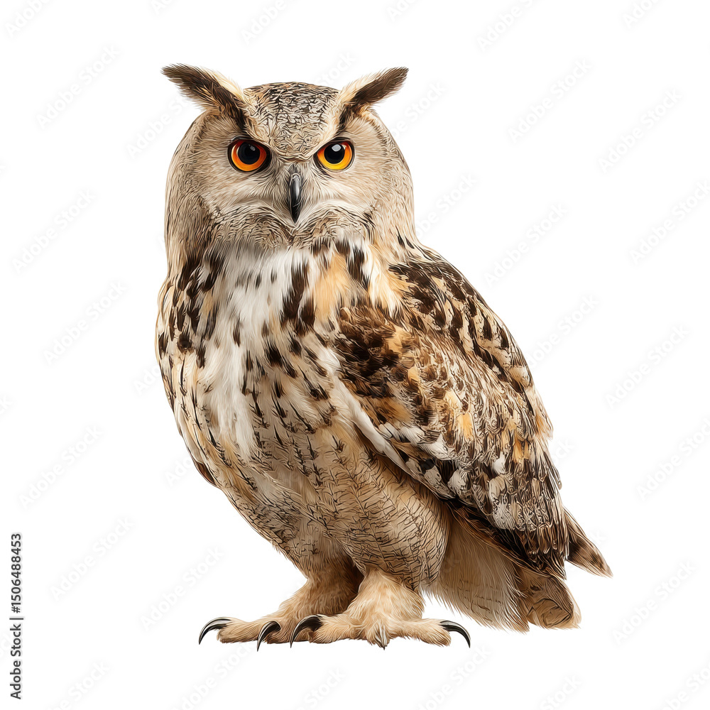 Obraz premium Majestic Owl with Striking Orange Eyes on a white background.