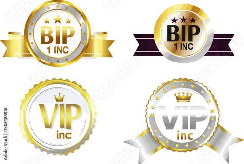 Create a kinds of Vip label, badge or tag. Vip icons with crown and stars. Round label with three vip level in gold, silver and bronze color. Modern vector art color with white background.