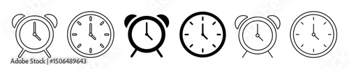 Clock icon set. Time icon vector. Wall and desk analog clock symbol. Editable line width. Vector illustration