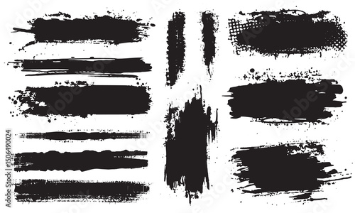 Brush line set. Vector calligraphy paint strokes. Vintage Chinese brushstrokes collection. Straight long hand drawn stripes vector sketch. Abstract black ink grungy lines Ink stencil brush strokes