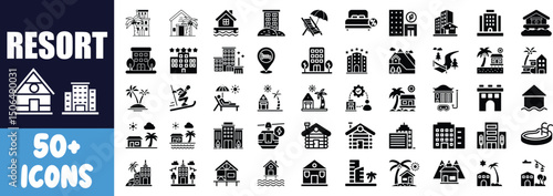 Resort hotel icons collection fifty plus glyph style