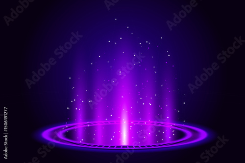 Abstract luminous teleportation portal made of glowing circle and sparkles with pink radiance. Perfect for sci-fi, fantasy, or tech-themed projects. Pink tech fantastic game portal with light effect.