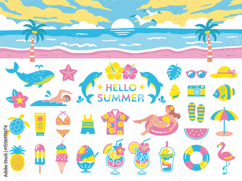 Summer Beach and Vacation Icon Set – Flat Cute Style 