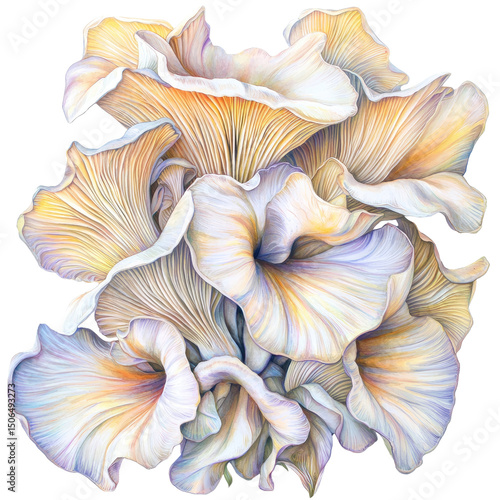 Beautiful bunch of oyster mushrooms, fanned out elegantly, showcasing delicate colors and intricate details. soft hues create serene and artistic expression, perfect for nature lovers