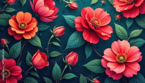 Bold, vibrant floral pattern, rich jewel tones, repeat, floral design