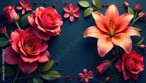 Intricate blooming roses & lilies in rich jewel tones , rich, lilies, colorful